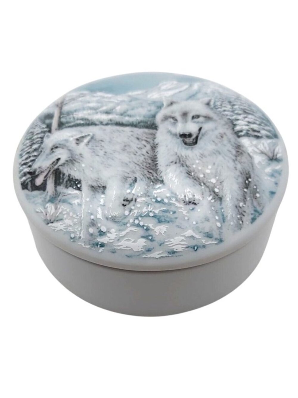 Snow Wolves Porcelain Keepsake Round Trinket Dish & Lid S Designs Brewer Maine